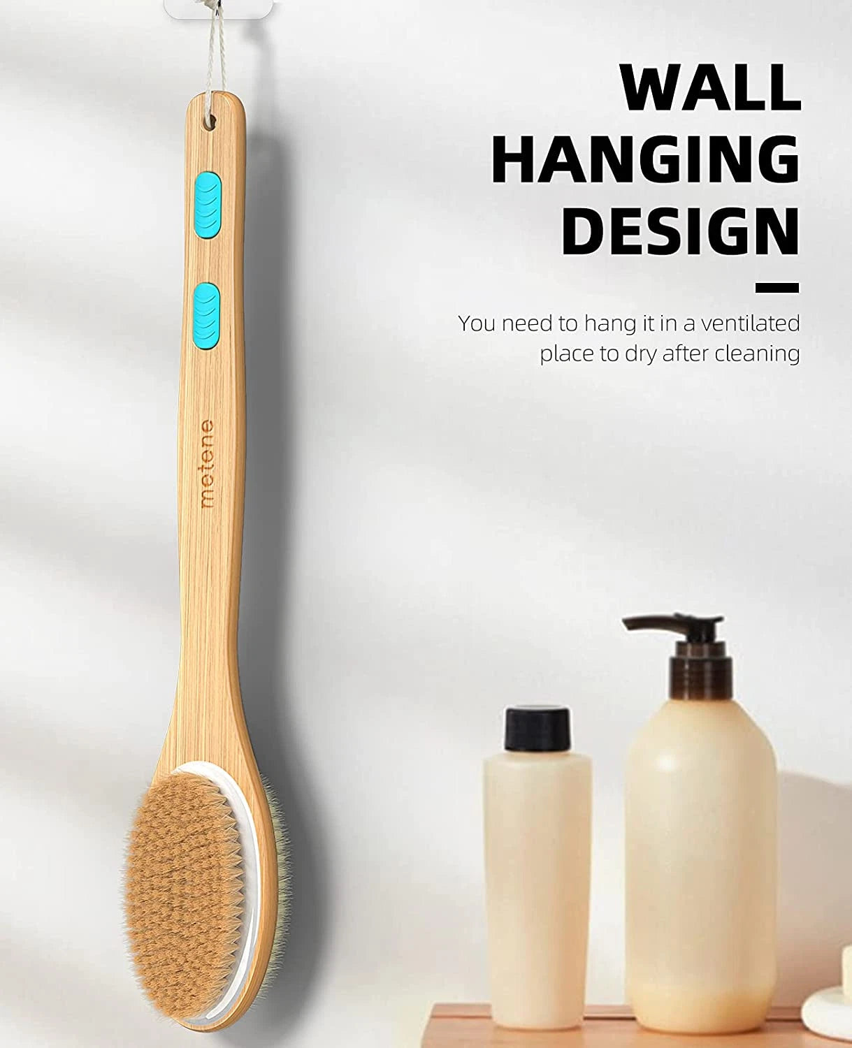 Metene Shower Brush with Soft and Stiff Bristles, Bath Dual-Sided Long Handle Ba