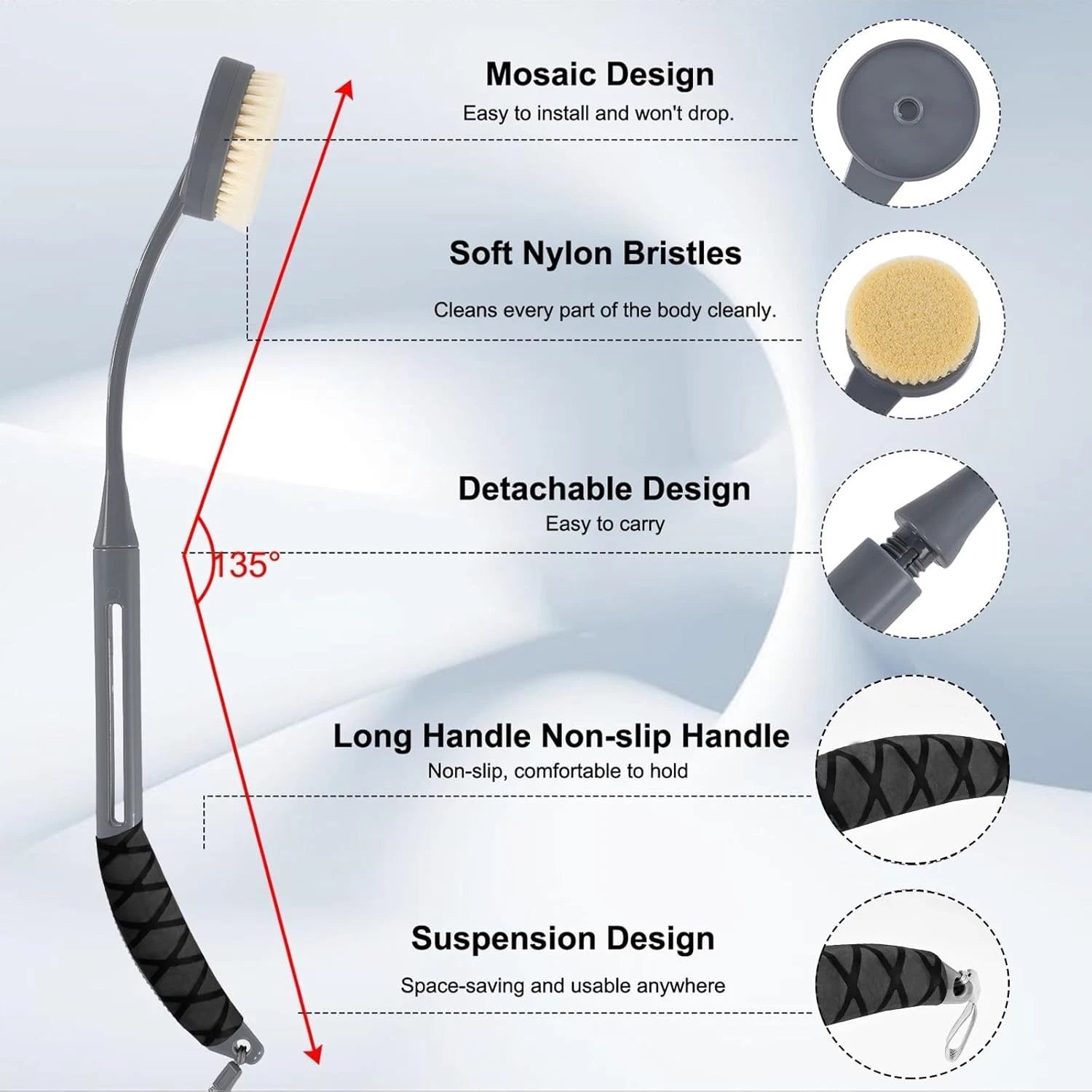 Back Scrubber for Shower,20.5" Bath Brush Long Handle for Deep Cleaning (Grey)