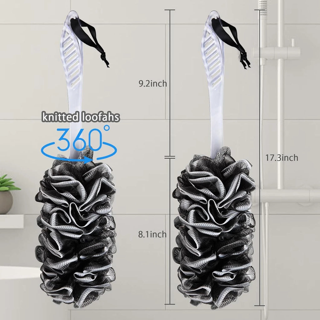 2Pack Back Scrubber for Shower, Dual-Sided Loofah on a Stick as Shower Brush Exf