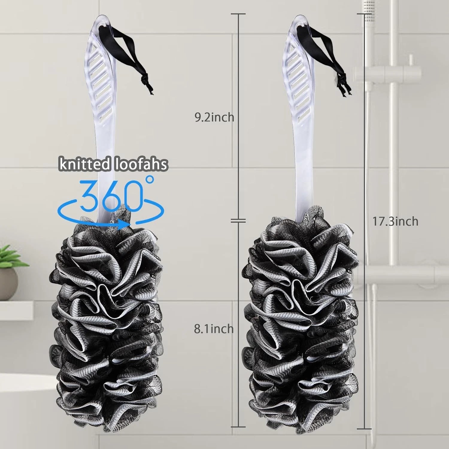 2Pack Back Scrubber for Shower, Dual-Sided Loofah on a Stick as Shower Brush Exf