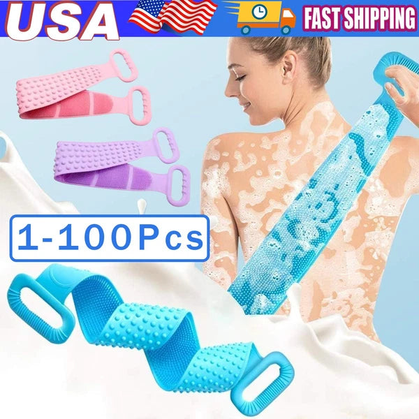 Silicone Bath Towel Rub Body Brush Shower Pull Back Strip Scrubber Exfoliat Lot