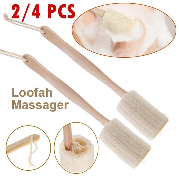 2/4Pcs Wood Loofah Back Scrubber Brush Bath Body Exfoliating Long Handle Massage